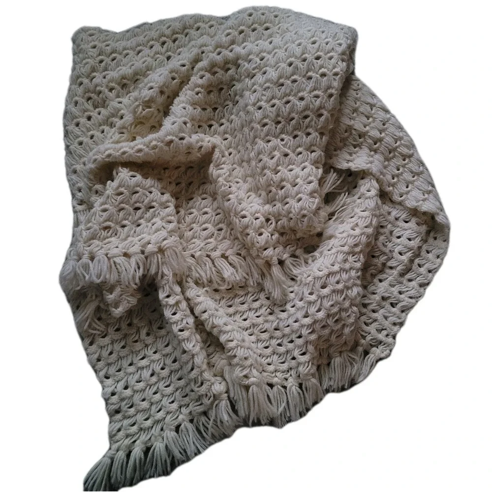 Handmade Chunky Cable Crochet‎ Blanket Off White Ivory Throw Large 39
